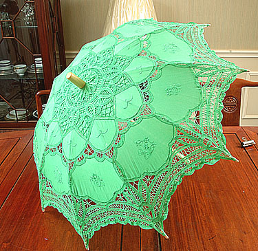 Irish Green battenburg lace parasols. 16" ( 32" Full Open) - Click Image to Close